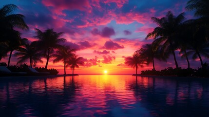 Stunning sunset over calm water with silhouettes of palm trees and colorful sky.