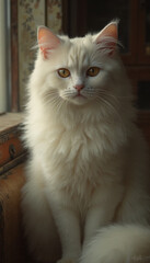 Obraz premium Fluffy White Cat Sitting Indoors with Calm and Serene Look