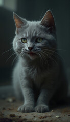 Obraz premium Gray Tabby Cat Sitting Indoors with Intense and Serious Expression