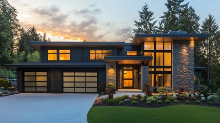 Fototapeta premium Modern house with stone facade and large windows at dusk