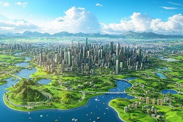 Naklejka premium Modern Cityscape with Lush Green Spaces and Mountains in the Background