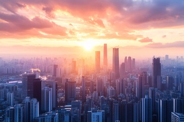 Fototapeta premium Stunning Sunset Over City Skyline - Urban Architecture Photography