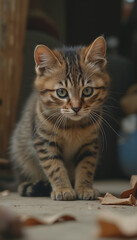 Playful Tabby Kitten Sitting Outdoors with Curious and Inquisitive Look