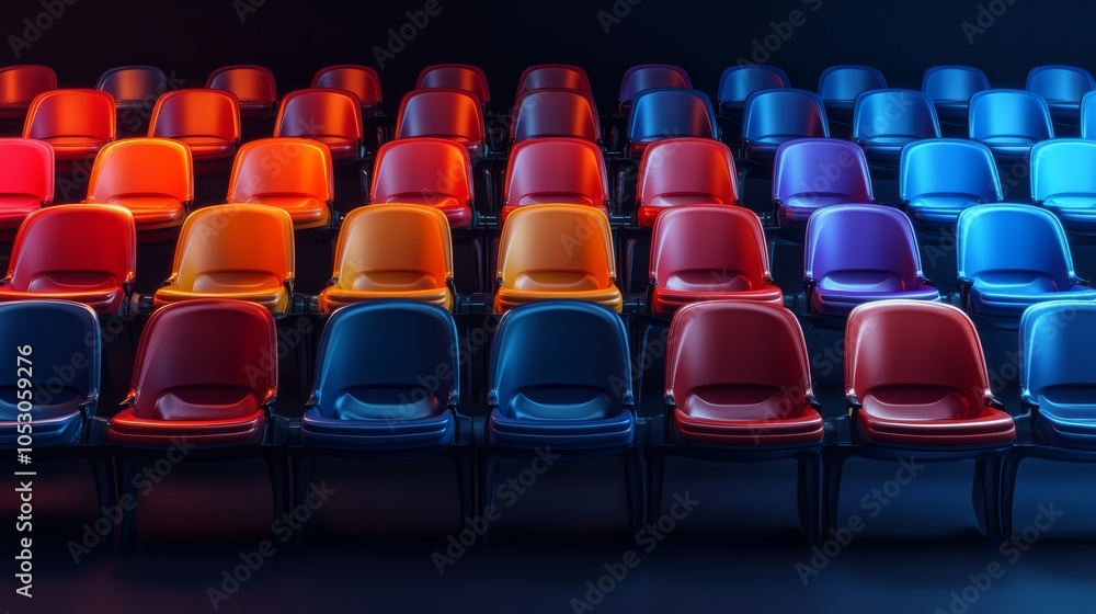 Poster a vibrant arrangement of colorful chairs in rows against a dark background, creating a visually stri
