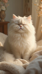 Obraz premium Fluffy White Kitten Sitting Indoors with Peaceful and Relaxed Look