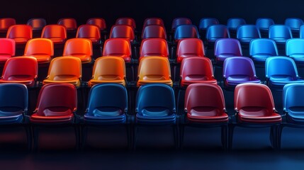 Naklejka premium A vibrant arrangement of colorful chairs in rows against a dark background, creating a visually striking and organized pattern.