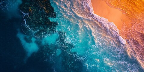 Fototapeta premium Aerial View of Turquoise Ocean Waves Breaking on Sandy Shore
