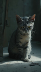 Obraz premium Serious Gray Tabby Kitten Sitting Indoors with Intense and Focused Expression