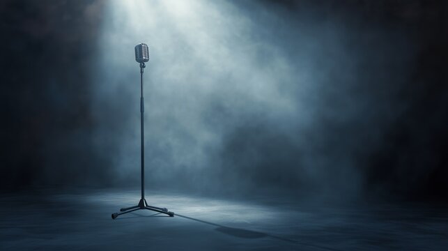 Stage spotlight mic stand performance setup event entertainment vibe. AI generated