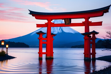 Mount Fuji with a Red Torii Gate and Calm Waters