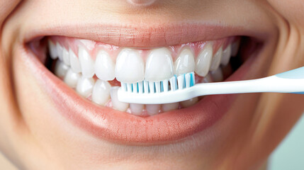 Brushing teeth is essential part of daily oral hygiene, promoting healthy gums and bright smile. This young adult demonstrates careful dental care with toothbrush