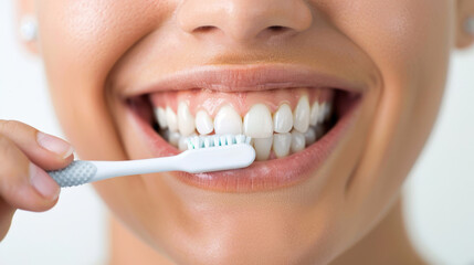 young adult with braces is carefully brushing their teeth, showcasing bright smile and healthy dental hygiene. This emphasizes importance of oral care and maintaining radiant smile