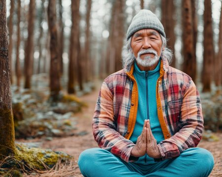 Senior Indigenous Man Practicing Yoga in Winter Forest - Perfect for Earth Day and International Day of Yoga