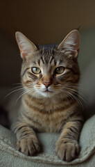 Obraz premium Calm Tabby Kitten Sitting Indoors with Gentle and Relaxed Expression