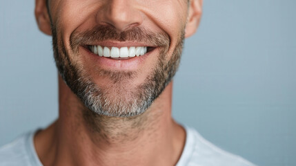 Obraz premium cheerful man with bright smile and well groomed beard exudes warmth and positivity. His expression radiates happiness, making viewer feel uplifted and inspired