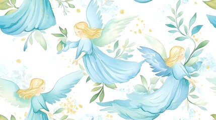 Fototapeta premium Watercolor Angel Seamless Pattern