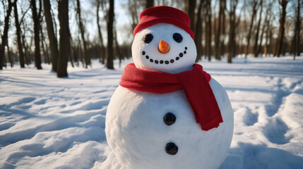 Fototapeta premium cheerful snowman stands in snowy landscape, adorned with red scarf and hat, bringing sense of winter joy and playfulness to serene forest setting