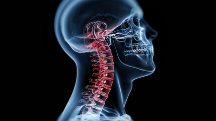 X ray image showing human skull and cervical spine, highlighting misalignment in neck area. This detailed view emphasizes importance of spinal health and alignment