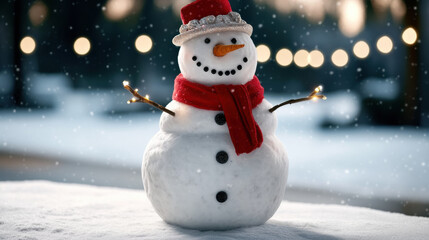 Fototapeta premium cheerful snowman wearing red scarf and festive hat stands in snowy landscape, surrounded by twinkling lights. scene captures joy of winter and holiday spirit