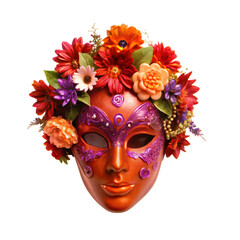 Purple mask adorned with pink flower isolated on transparent background

