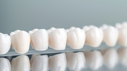 Dental implants are displayed in row, showcasing their smooth, white surfaces and realistic appearance. These implants are essential for restoring smiles and improving oral health