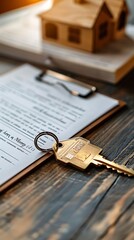 House keychain and keys on the background of real estate contract.