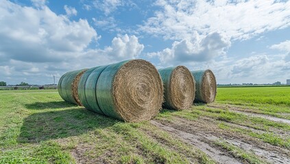 Three round hay bales wrapped in green plastic sit in a field with a blue sky and white clouds in the background.