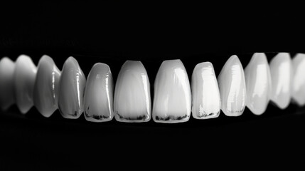 close up view of row of pristine, white teeth against dark background, showcasing their smooth surface and alignment, evoking sense of dental health and beauty
