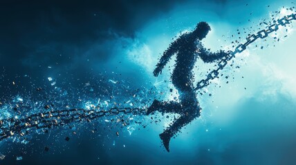 A conceptual representation of a person breaking free from chains, symbolizing liberation and personal growth against a mystical blue background.