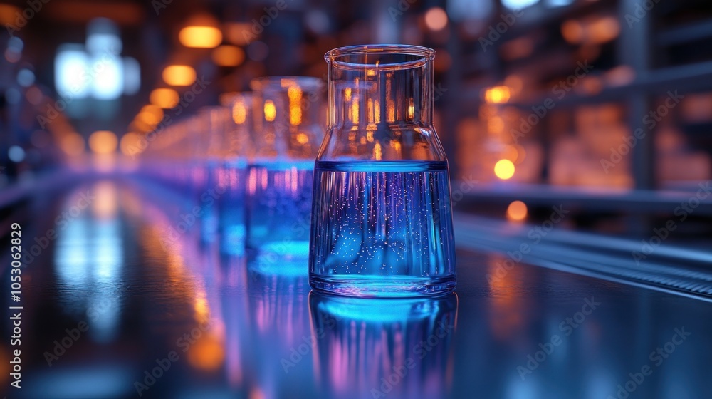 Poster laboratory setting with illuminated flasks containing blue liquid.
