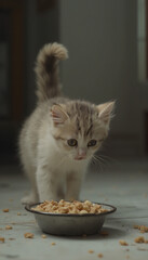 Playful Kitten Eating from Bowl Indoors with Happy and Energetic Look