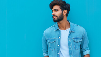 Obraz premium An Indian male model in a denim shirt mockup, suitable for casual or rugged fashion branding. 