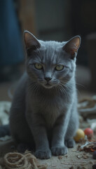 Calm Blue British Shorthair Cat Sitting Indoors with Thoughtful and Observant Look