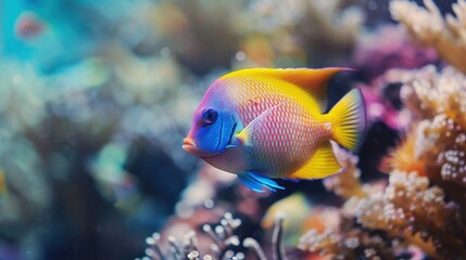 Obraz premium A close-up of a vibrant tropical fish swimming among coral reefs