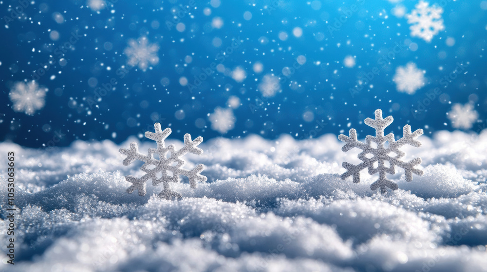Poster snowflakes gently resting on soft blanket of snow create serene winter scene. sparkling snow and blu