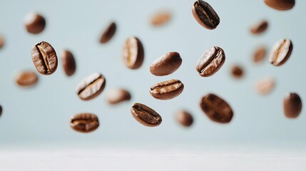 Obraz premium Falling coffee beans isolated on a white background, creating a dynamic visual effect..