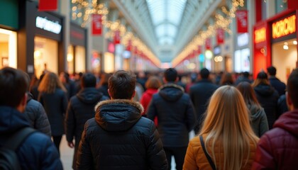 Crowded Shopping Mall Scene on Black Friday Filled with Shoppers Engaging in the Thrill of the Hunt.