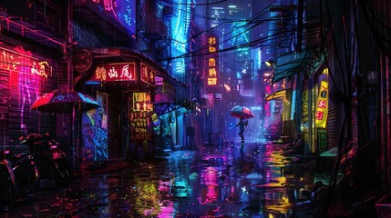 Obraz premium A cyberpunk alleyway raining