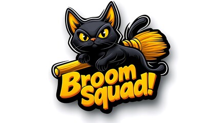 Obraz premium Black Cat Riding Broom Graphic Design Element