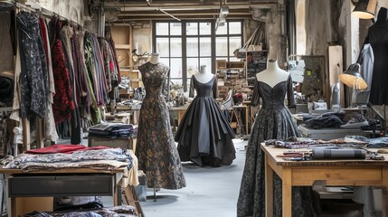 Fashion atelier busy scene sewing tailors mannequins textiles creative workspace bustling. AI generated
