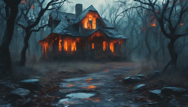 A mystical autumn evening with glowing pumpkins and an enchanting old house nestled in a colorful forest setting