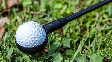 Close-up of a golf ball on the grass with a golf club, perfect for sports and recreation themed projects.