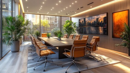 Modern conference room with large table and city view.