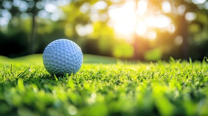 Obraz premium Close-up of a golf ball resting on lush green grass, illuminated by warm sunlight, perfect for sports and nature themes.