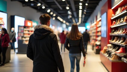 Modern Black Friday Shopping Experience with Engaged Shoppers Navigating Through Innovative Store Layouts.