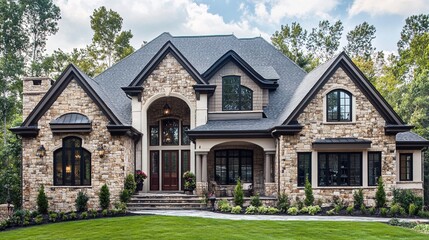 Fototapeta premium Luxurious Stone House with Green Lawn and Surrounding Trees
