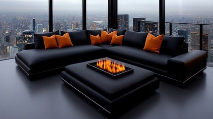 Modern Luxury Living: A sleek, black leather sectional sofa with orange throw pillows, a built-in fireplace, and a stunning city view. This image embodies sophistication and comfort.