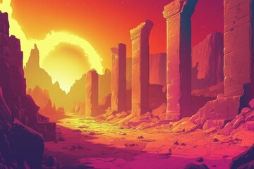 Ruined Pillars in a Crimson Sunset Landscape