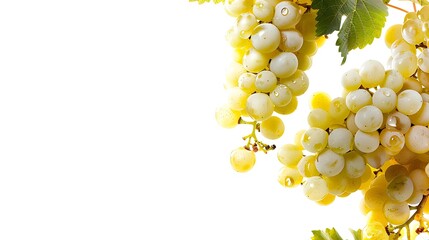 Bunch of white grapes with green leaves isolated on white background.
