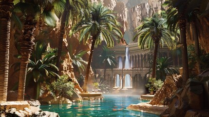 A fantasy scene of a mystical desert oasis